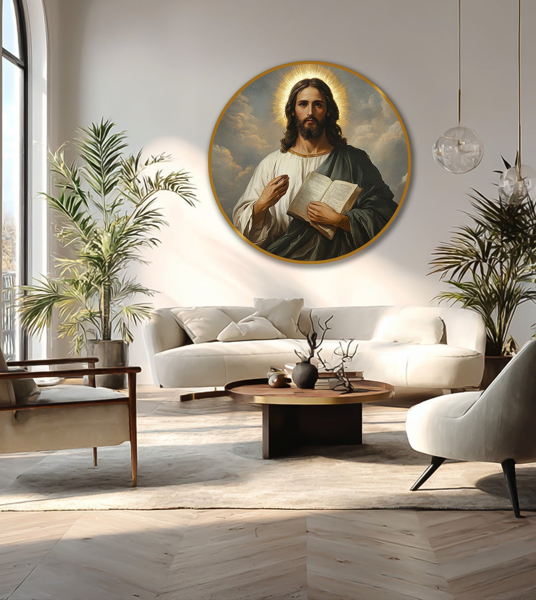 The focal point highlights the detailed 'Sacred Light – Divine Wisdom Portrait' as a captivating example of oil painting wall art, adding a spiritual ambiance to the room.