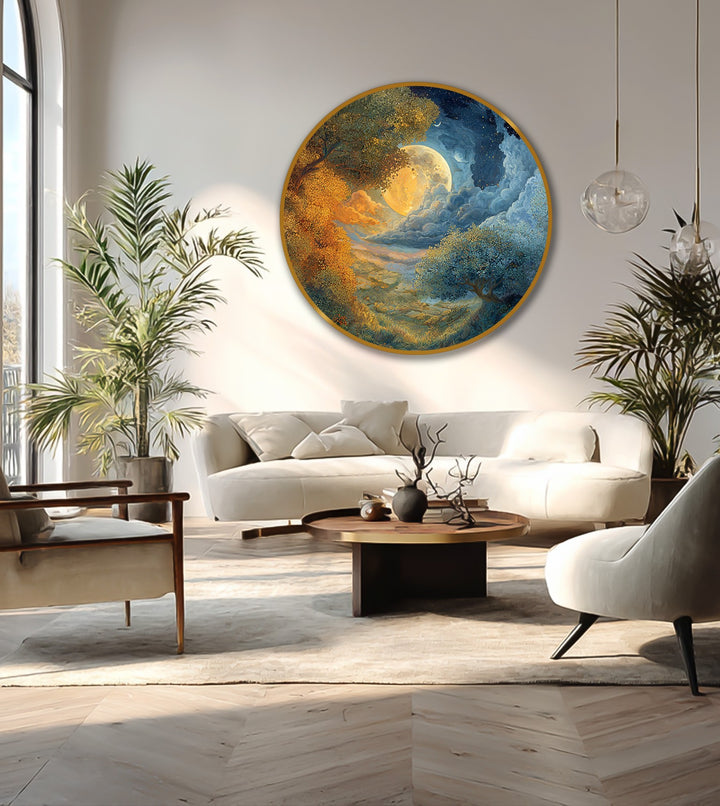 Layers of detail create depth in this dreamlike landscape oil painting art piece, featuring a vibrant moonlit scene with golden and blue trees.