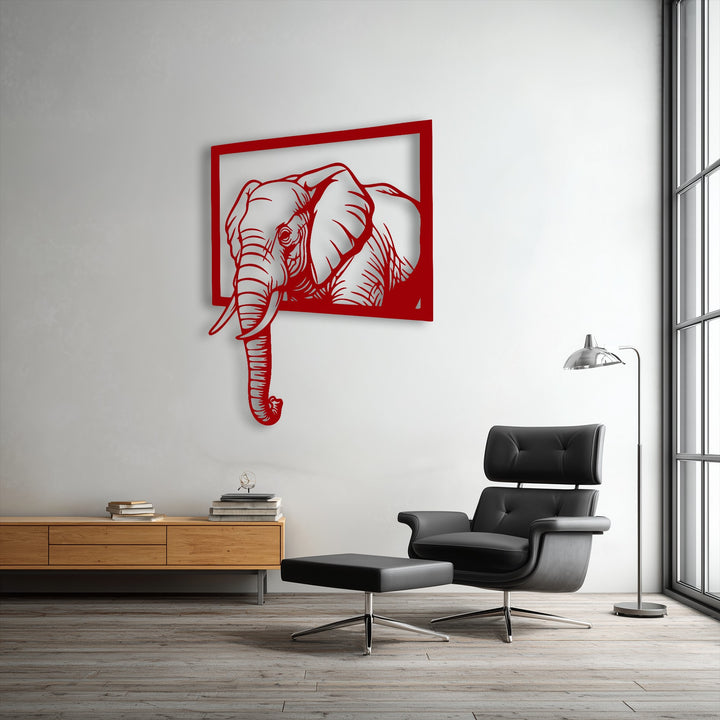 The stillness highlights red elephant metal art, complemented by modern furniture, as elegant decoration wall art.