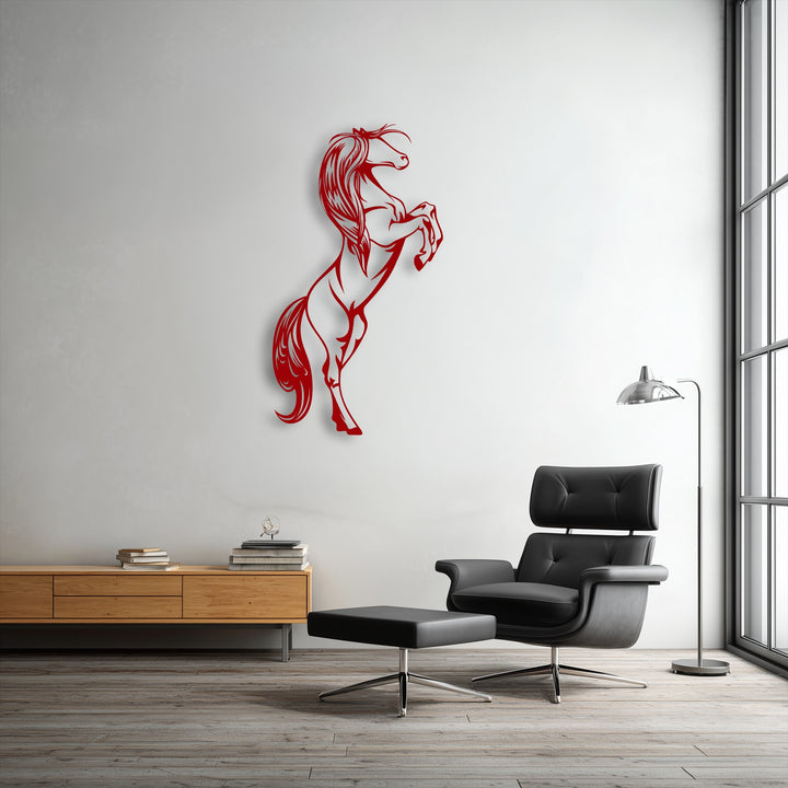 The realistic detail in the dynamic rearing horse metal art for wall captures the powerful equine silhouette with striking presence.
