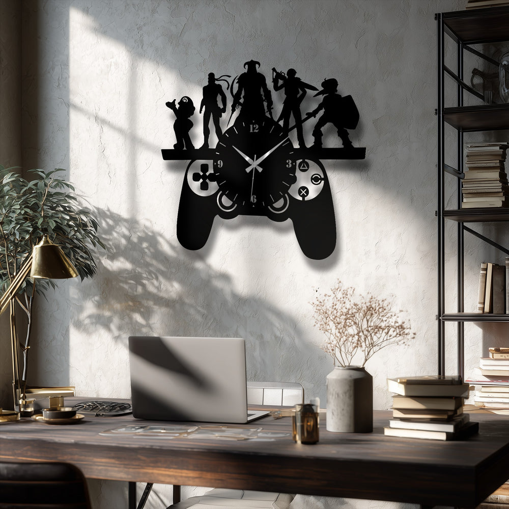 Black silhouette defines the modern gaming controller and character metal art for wall clock, creating a striking focal point.