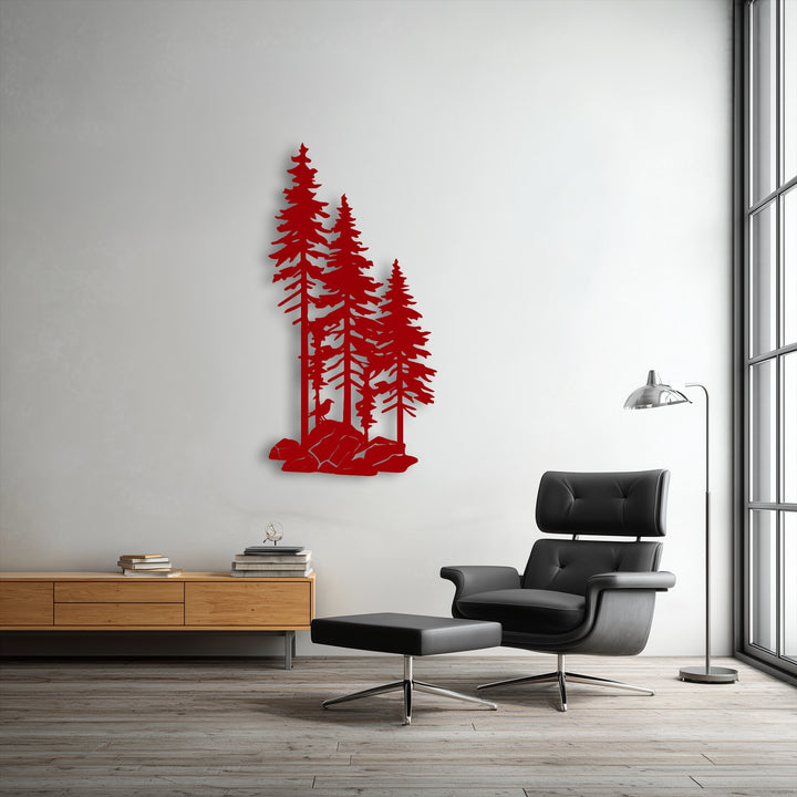 The background features a crisp white wall adorned with a red forest silhouette decoration wall art, next to a large window.