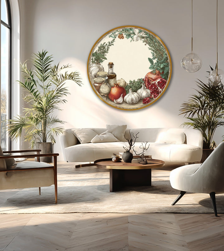 Horizontal round orientation of a rustic kitchen harvest still life oil painting wall art features a Mediterranean-inspired design.