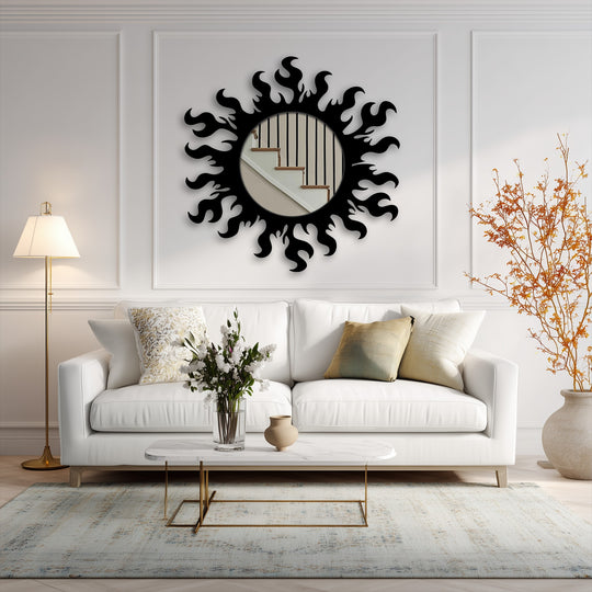 Showcasing the abstract quality, this Solar Wave round wall mirror offers a modern asymmetrical form perfect for decorating with wall mirrors, adding artistic flair.