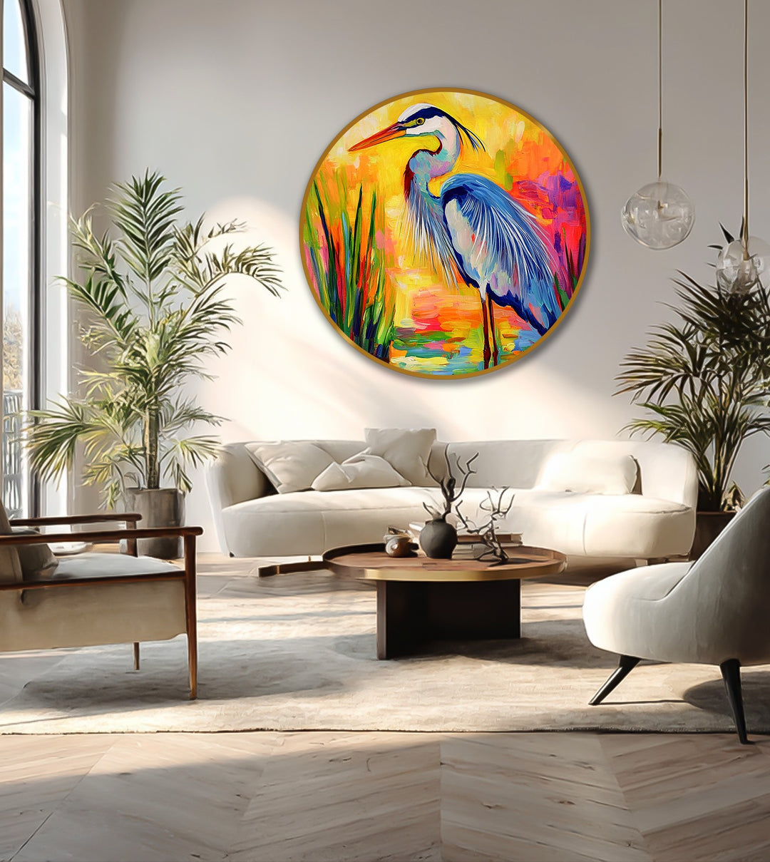 Warm color temperature radiates from this modern oil painting art featuring a round canvas with a vibrant heron in a marsh setting with rich, saturated colors.