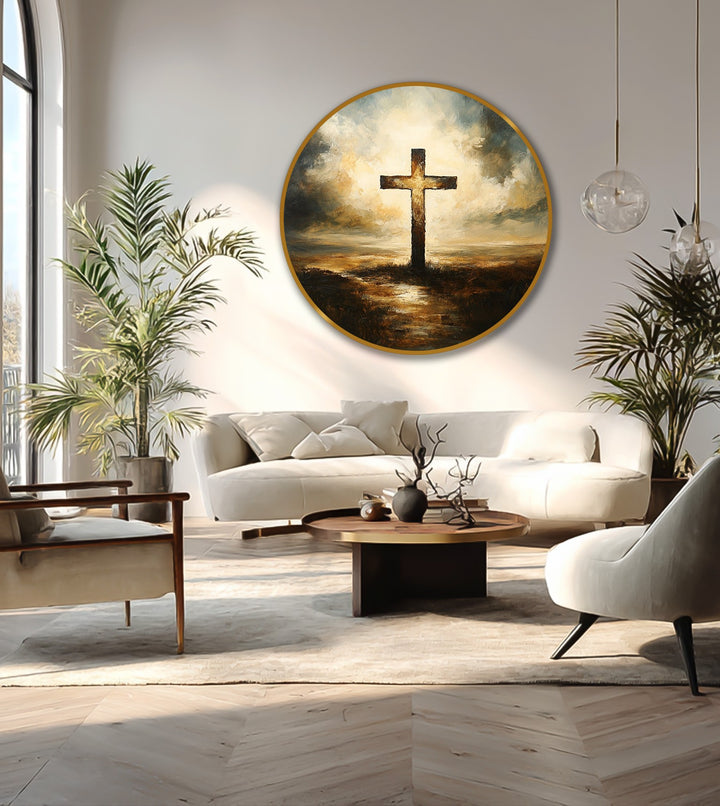 Dramatic skies and soft light highlight the background of this beacon of salvation radiant cross oil painting artwork.