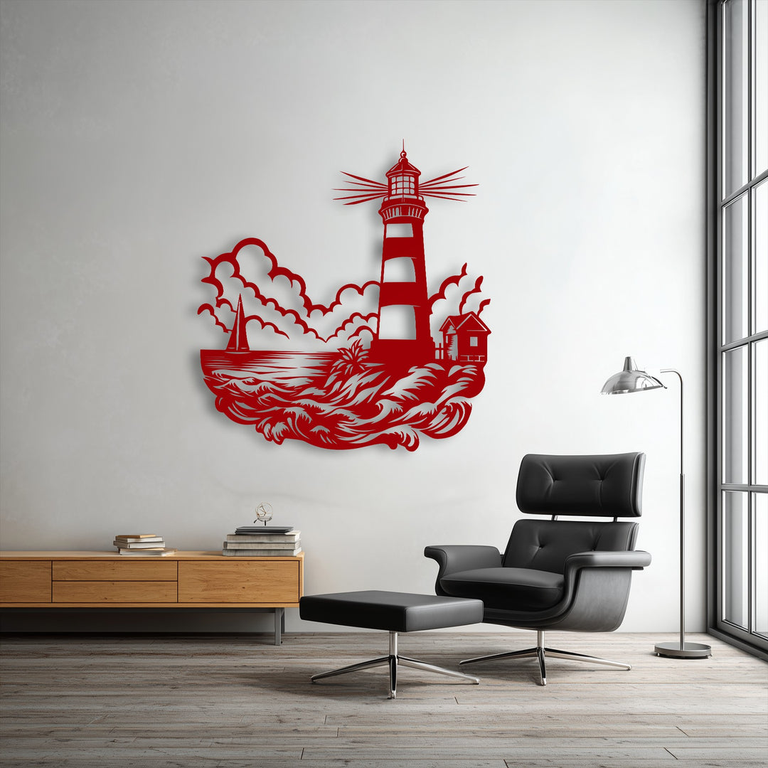 The organic forms of swirling ocean waves and billowing clouds are beautifully rendered in this striking red coastal lighthouse metal art for wall.
