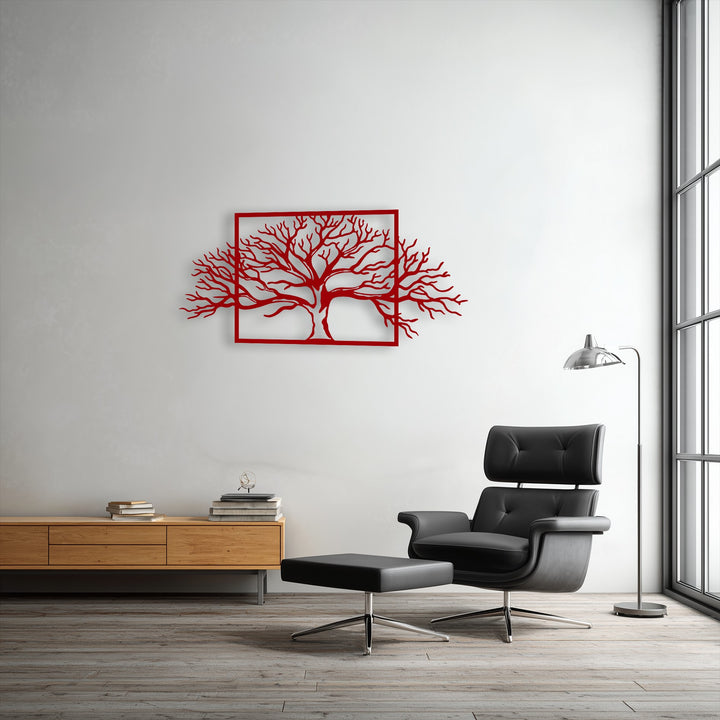 The robust material quality of this vivid red framed tree metal artwork features an intricate branch design and a premium finish.