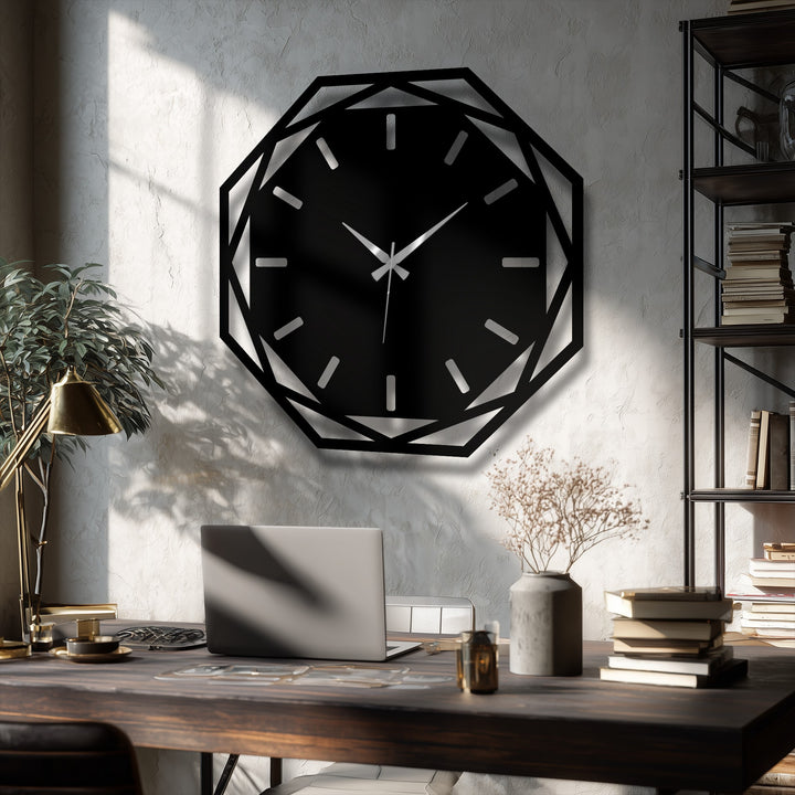 Framing the modern octagonal clock, the geometric decorative metal art design features distinct edges and borders that highlight its contemporary shape.