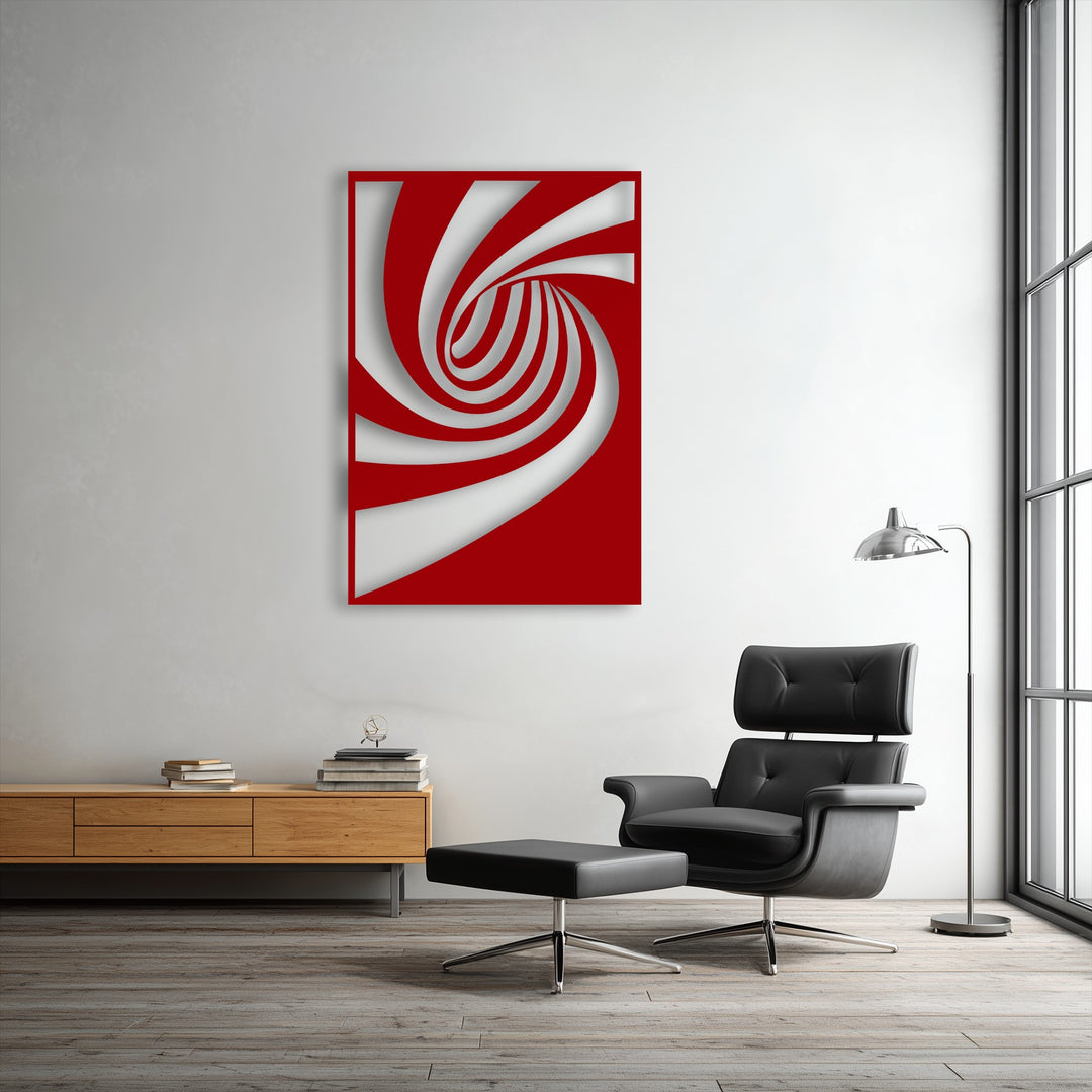 The intensely saturated red and white colors create a dynamic abstract spiral flow in this decorative metal art piece.