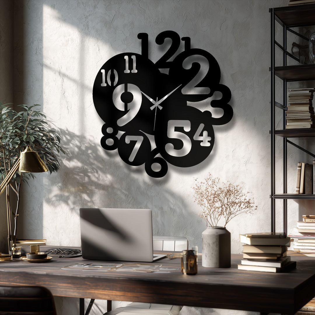 Featuring clean-cut edges and a sleek border, this modern overlapping numbers metal artwork wall clock boasts a contemporary design.