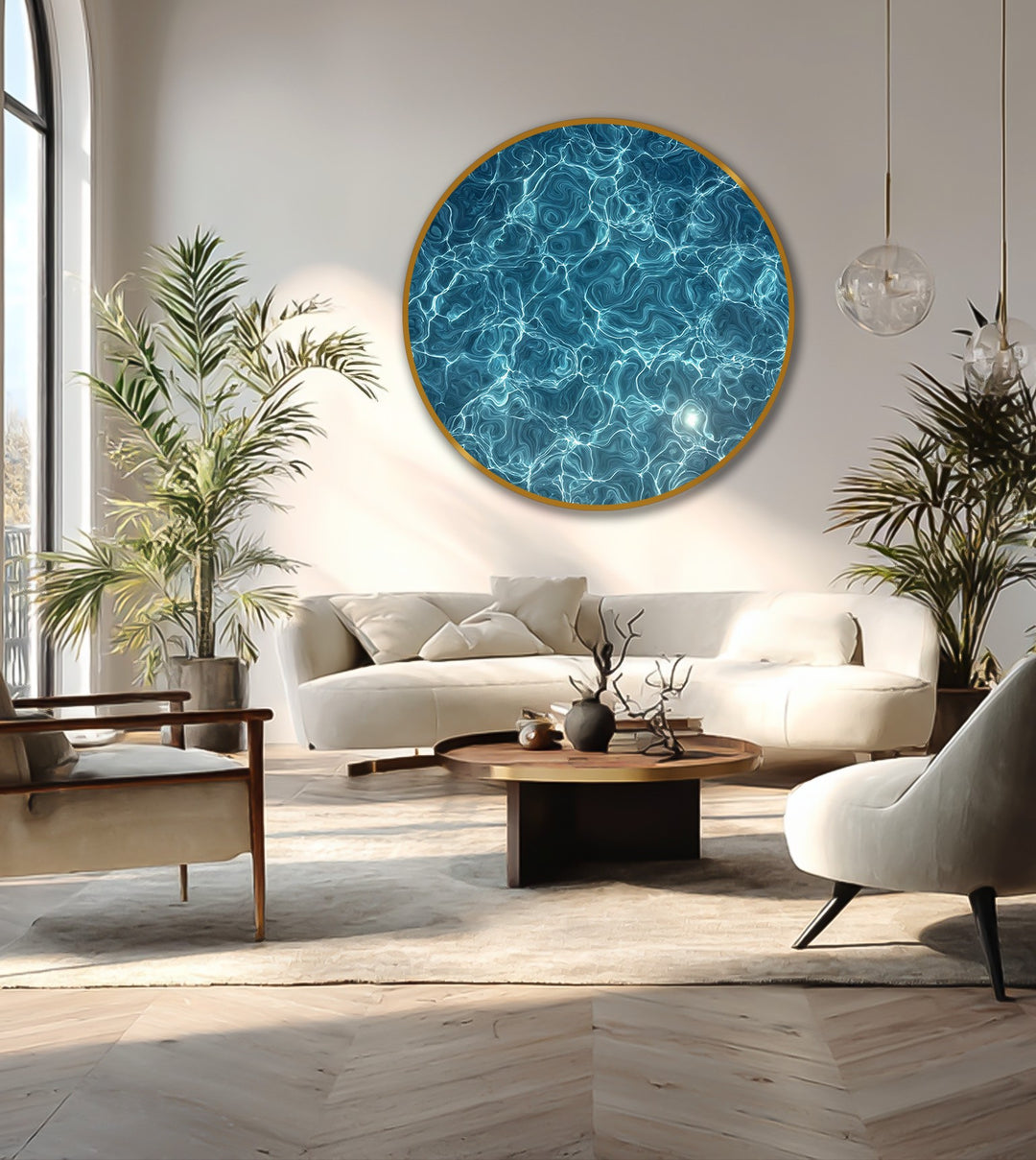 Highlighting the layering effect, this azure current round oil painting depicts luminous water textures in a way that enhances the depth of its oil painting art prints.