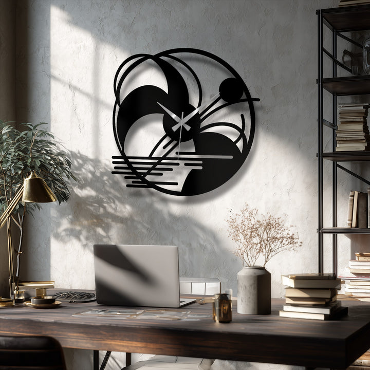 Showcasing the realistic detail, the abstract landscape metal wall clock offers a unique touch of decorative metal art, reflecting a modern artistic design for home decor.