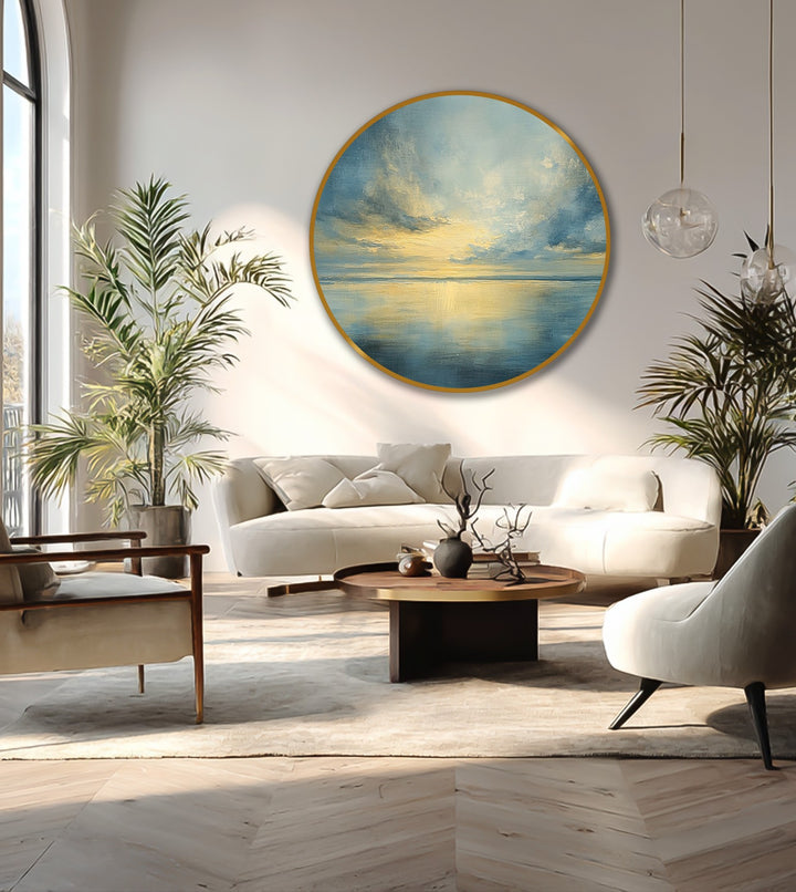 Rich color saturation enhances the round oil painting art piece featuring a tranquil horizon and golden reflection on a still, scenic seascape.