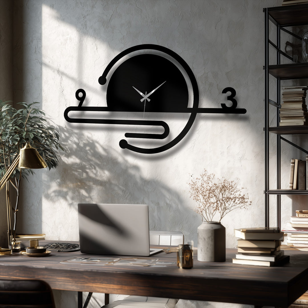 A modern geometric wall decor clock showcases a minimalist orbit line design, presenting a unique metal wall art piece that adds an artistic touch.