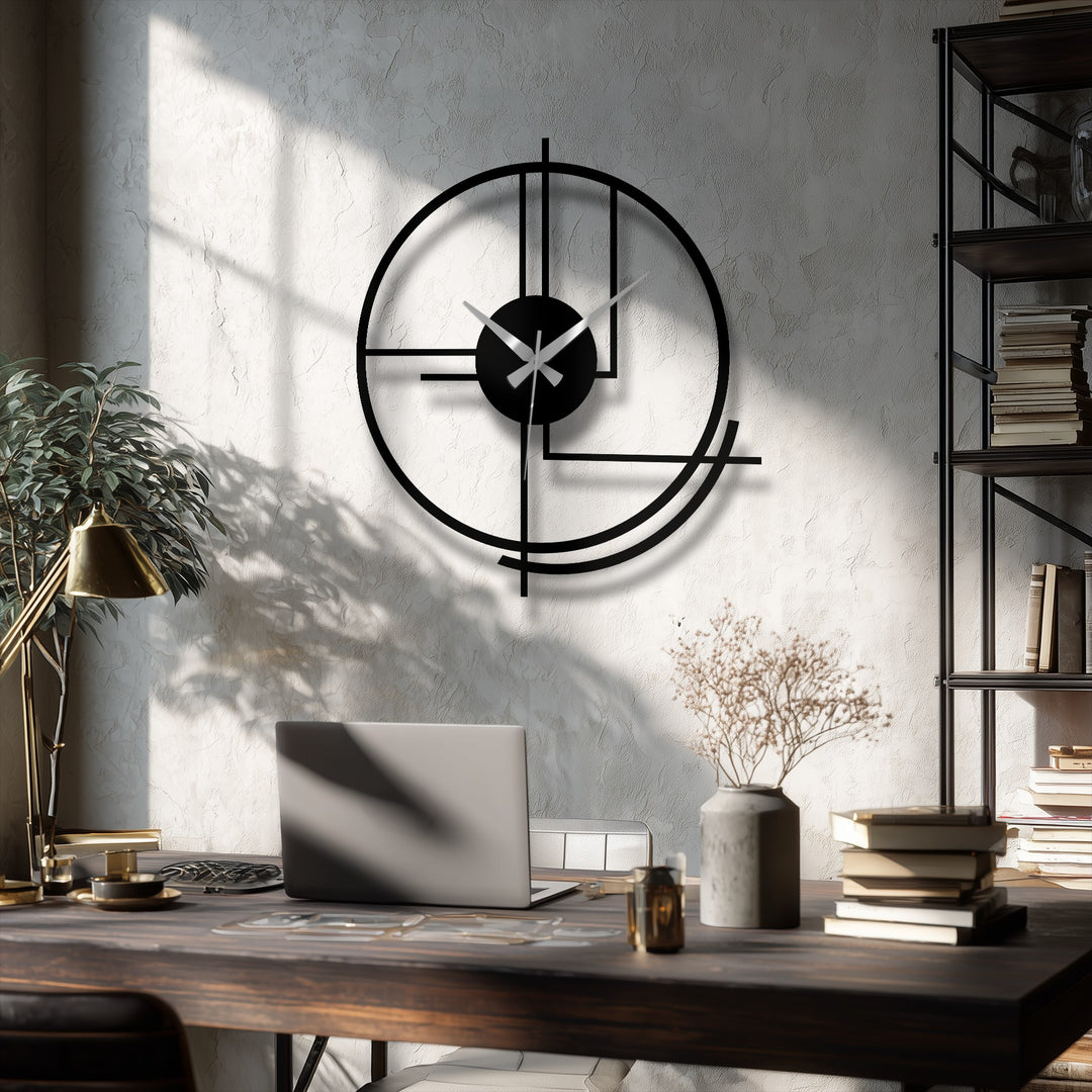 Circular, the modern metal wall clock features a distinctive geometric design of intersecting lines, offering a unique modern wall decor aesthetic for any contemporary space.