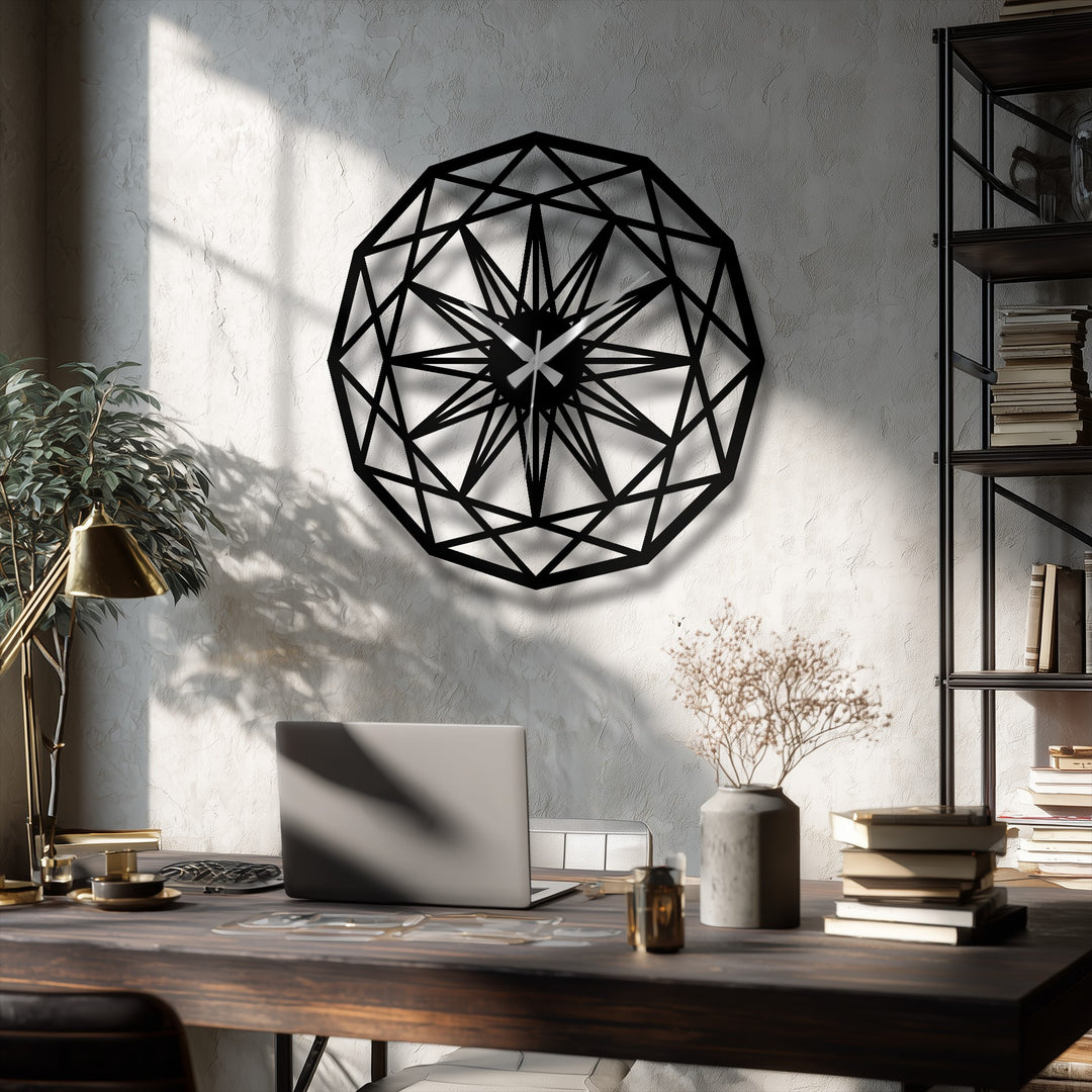 Clock featuring a starburst geometric pattern provides striking decoration wall art to the modern space.