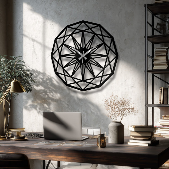 Clock featuring a starburst geometric pattern provides striking decoration wall art to the modern space.