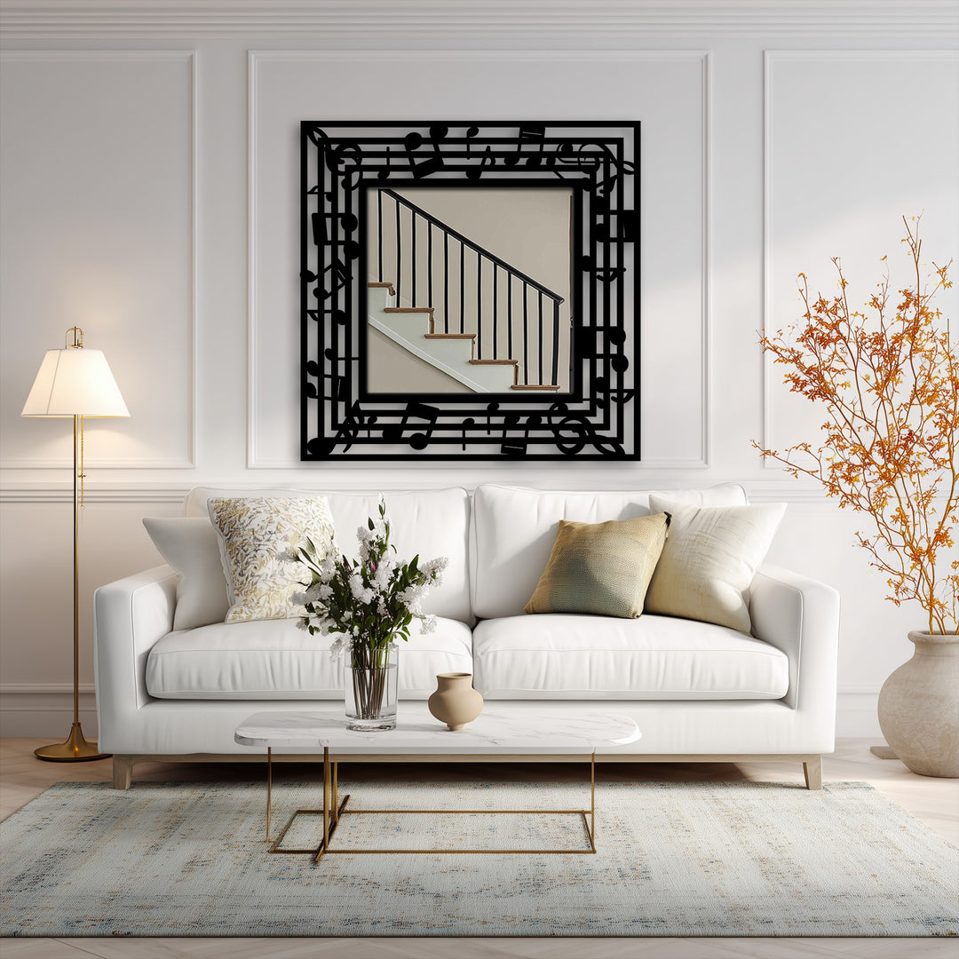Reflecting a staircase within its center, this decorative mirror artfully uses musical notes in the black metal frame to contrast the beige wall and add depth.