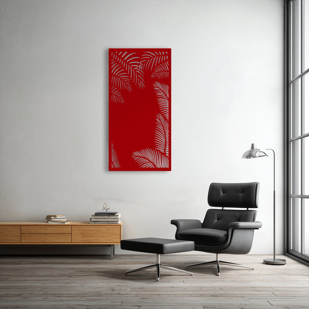 The visual rhythm of silver tropical palm silhouettes against the red minimal metal wall art creates an elegant decoration wall art.
