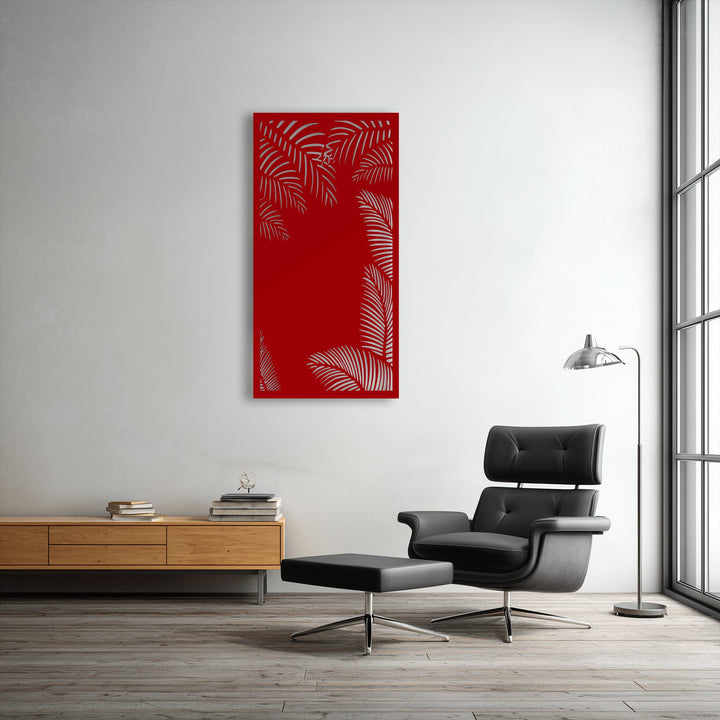 The visual rhythm of silver tropical palm silhouettes against the red minimal metal wall art creates an elegant decoration wall art.
