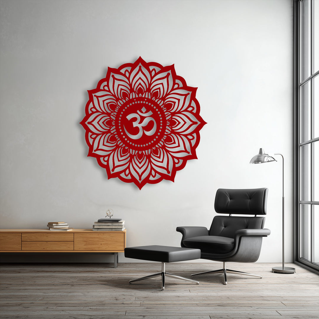 Visual rhythm emanates from the symmetrical red lotus Om mandala metal artwork, complemented by the clean lines of the furniture.