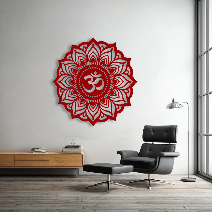 Visual rhythm emanates from the symmetrical red lotus Om mandala metal artwork, complemented by the clean lines of the furniture.