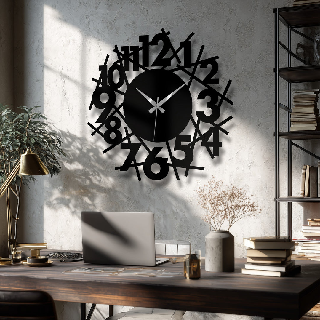 Layers of scattered numbers define the depth in this abstract numeric chaos metal artwork wall clock, a modern timepiece with intricate gold hands.