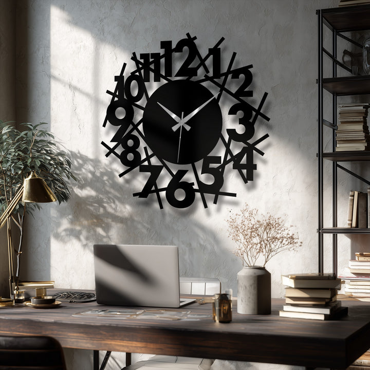 Layers of scattered numbers define the depth in this abstract numeric chaos metal artwork wall clock, a modern timepiece with intricate gold hands.