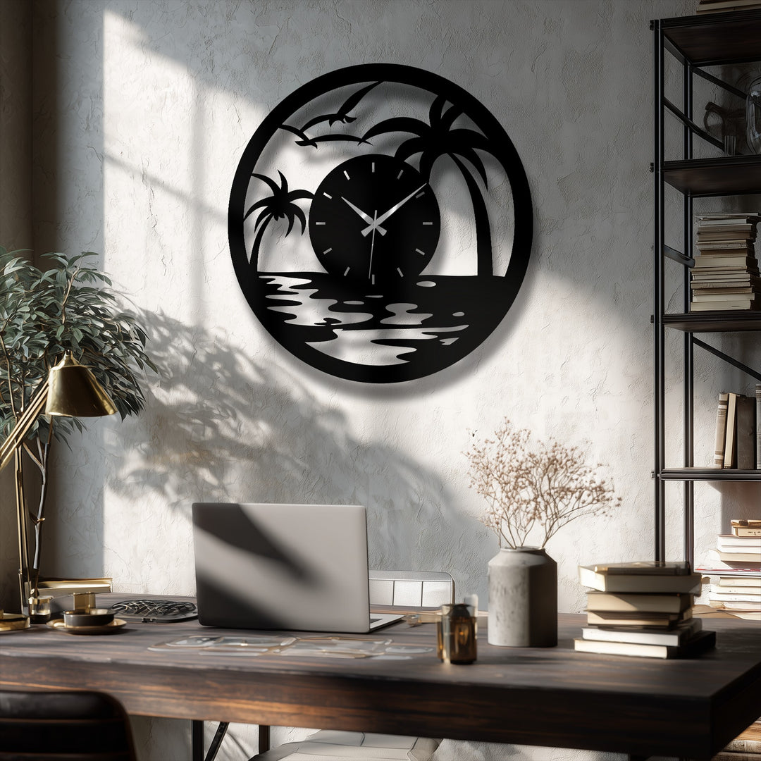 Highlighting the realistic detail, this tropical sunset metal artwork wall clock features a coastal scene with palm trees, evoking a modern and stylish seaside aesthetic.