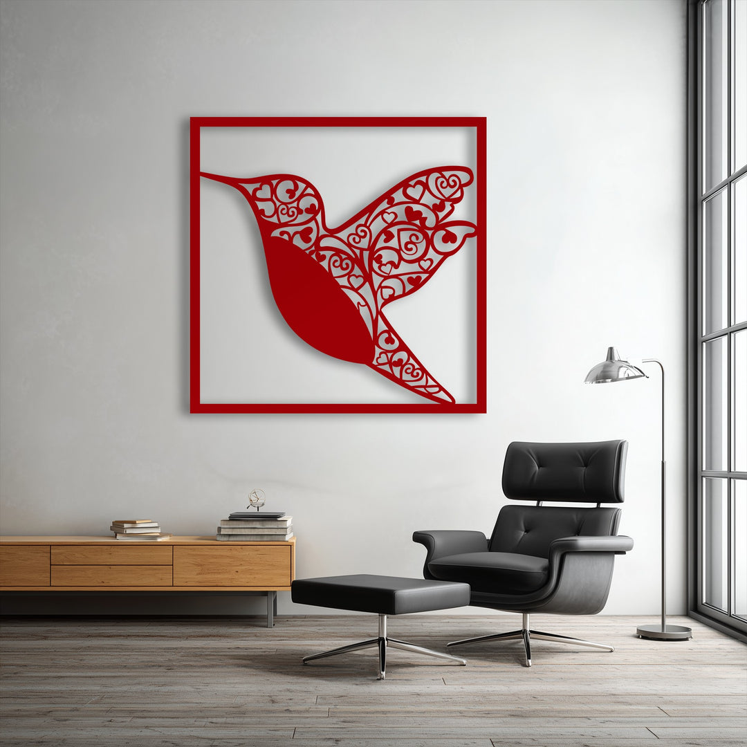 A romantic and modern mood fills the room, highlighted by the intricate hummingbird heart metal decoration wall art.