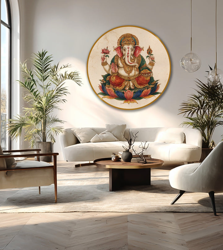 Warm light illuminates a sacred Ganesha lotus round oil painting reproduction print, enhancing its traditional Hindu depiction.
