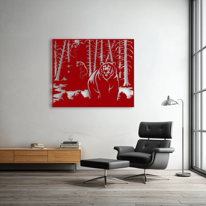 A vivid red and silver forest bear decoration wall art pops against the room's cool color temperature, balanced by warm wood tones.