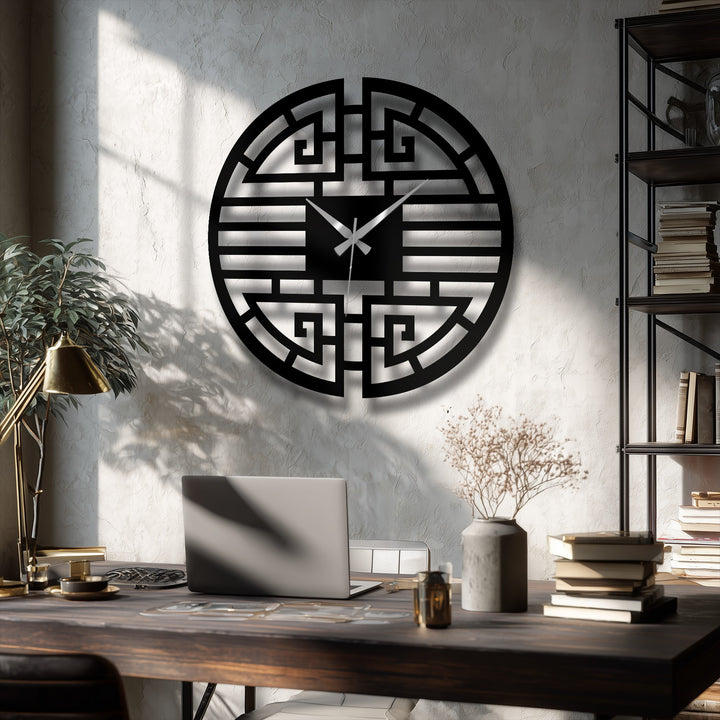 Showing the focal point, this Asian geometric metal wall clock is a striking piece of unique metal wall art, offering a modern oriental decorative accent.