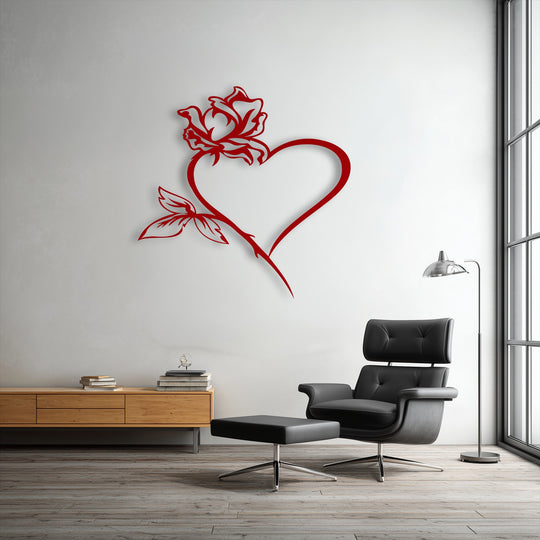 A subtly textured wall provides a backdrop for the smooth, elegant Rose Heart Metal Wall Art, a beautiful decoration wall art piece.