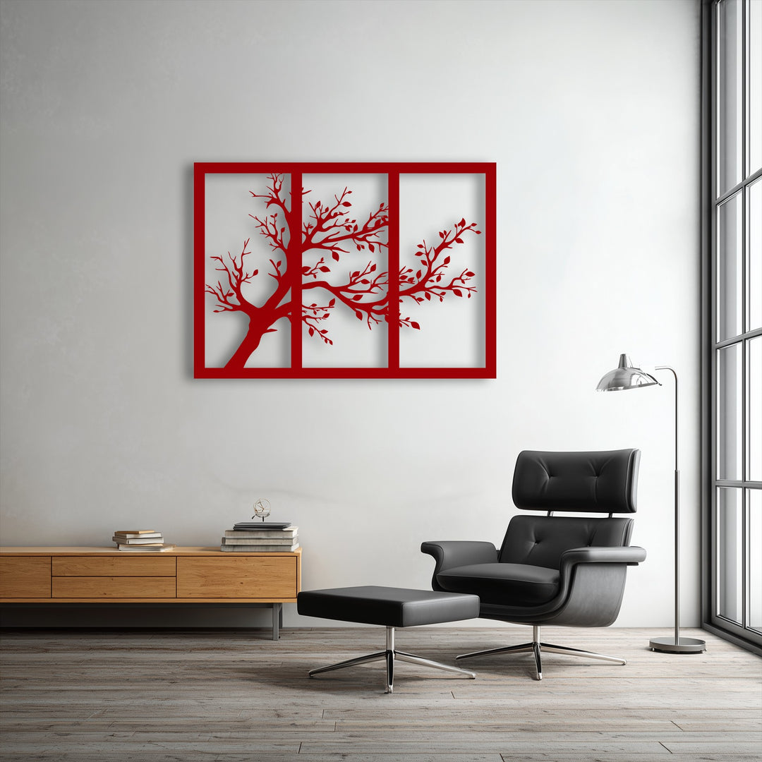 This horizontal, rectangular minimalist metal artwork features a unique tree silhouette divided into a modern triptych shape.