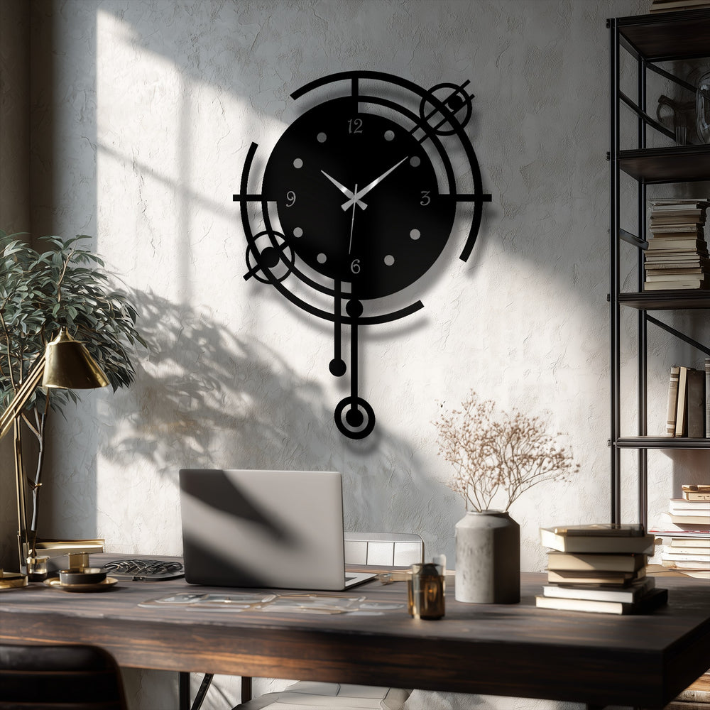 Warm color temperature highlights the black modern geometric metal wall clock, a striking piece of decorative metal art, casting shadows on the textured wall.