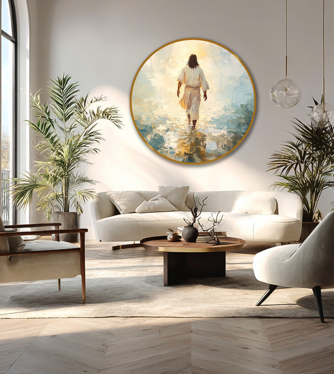 Illuminated by sunlight, the background of this oil painting artwork showcases a serene, light-filled horizon over calm waters, complementing the figure's spiritual journey.