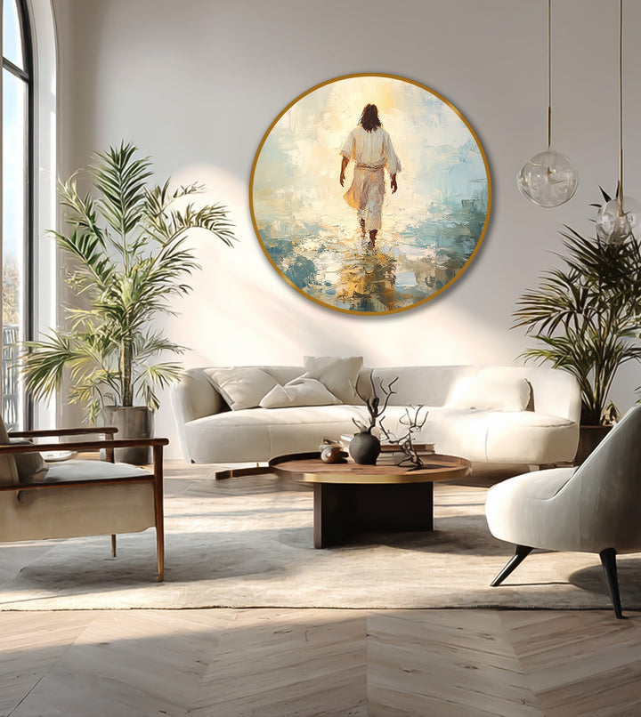 Illuminated by sunlight, the background of this oil painting artwork showcases a serene, light-filled horizon over calm waters, complementing the figure's spiritual journey.