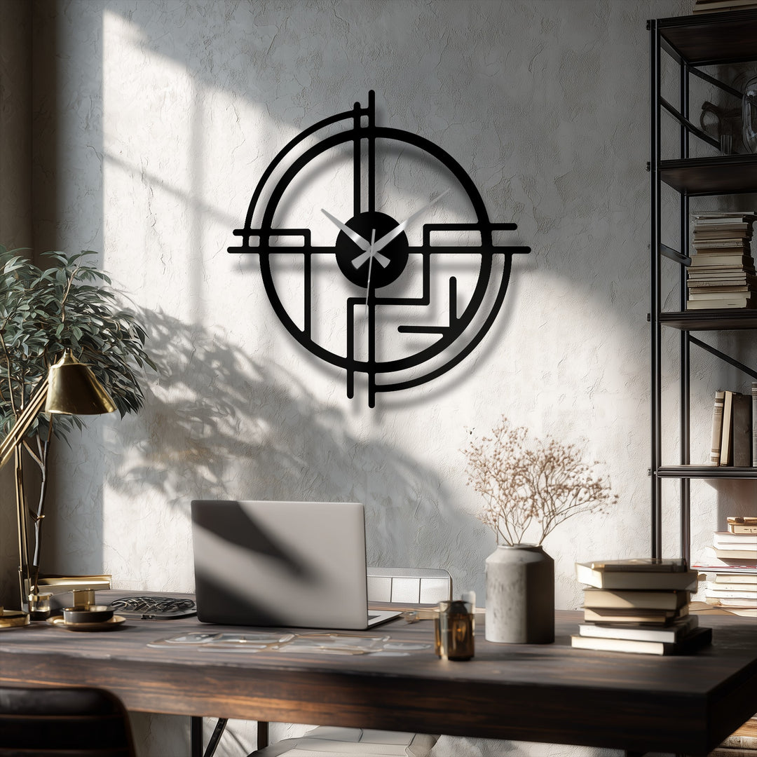 Black modern abstract line metal wall decor clock loudly enhances a trendy room with a geometric design and contrasting silver clock hands.