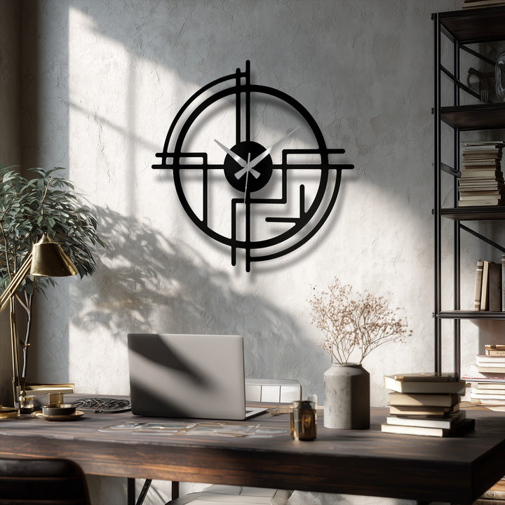 Black modern abstract line metal wall decor clock loudly enhances a trendy room with a geometric design and contrasting silver clock hands.