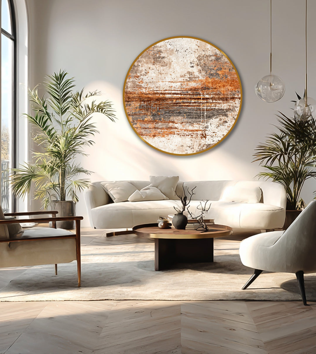 Organic forms in this round oil painting art piece echo the earthy tones of the textured rust horizon in this abstract oil painting.