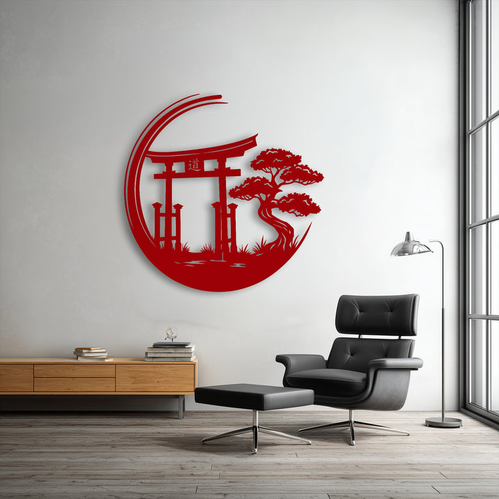 The calming mood of a minimalist space is enhanced by a red Zen Garden Torii Gate metal art for wall, featuring a serene Japanese design.