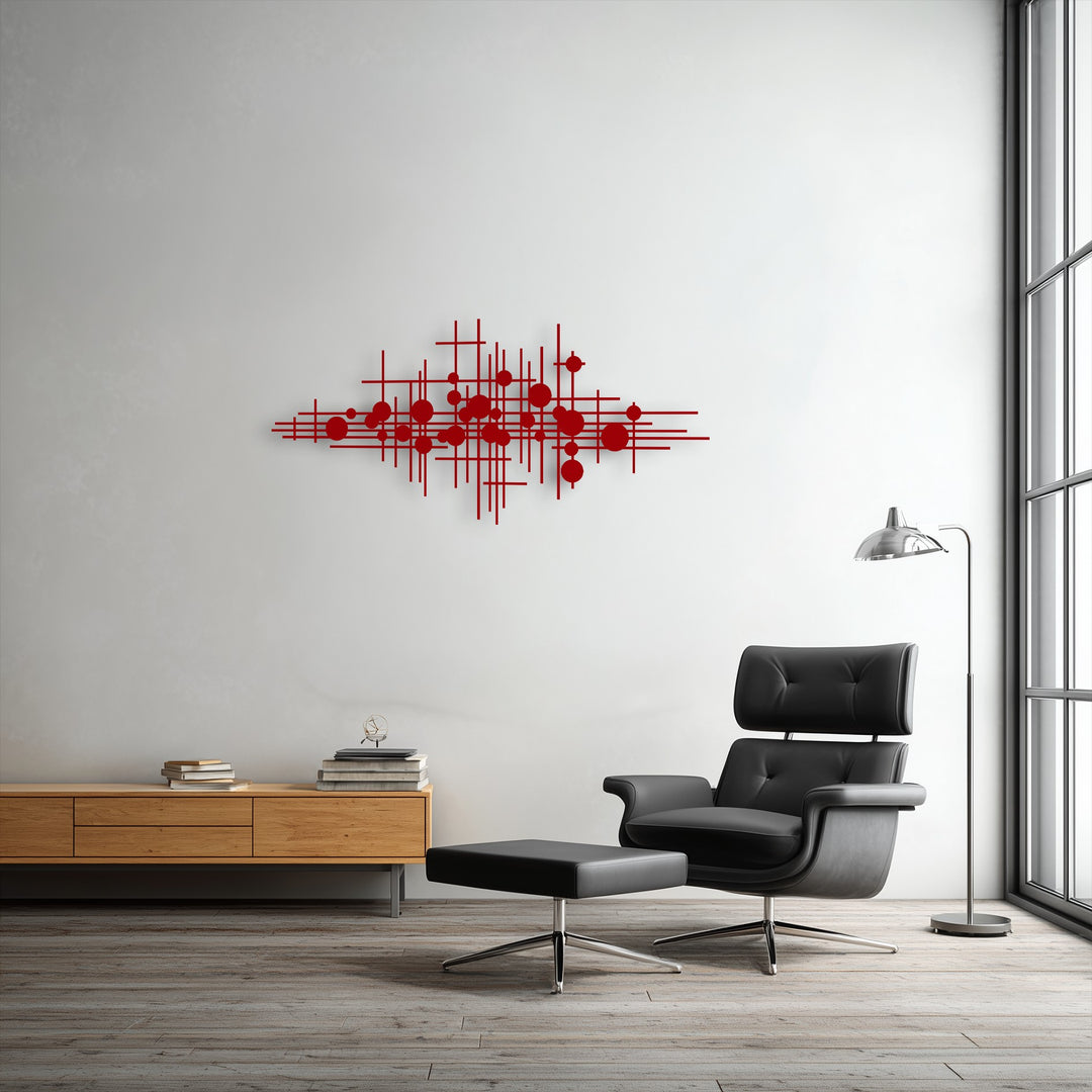This unique metal wall art features superior material quality, evident in its crisp geometric lines and abstract modern decor.