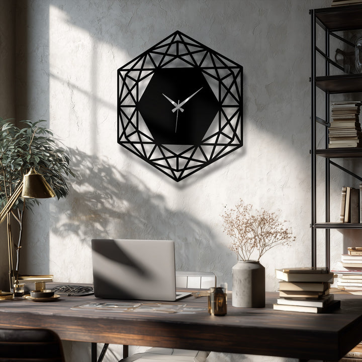 The distinct geometric borders and edges of this black hexagon metal wall clock highlight its modern minimalist design, a captivating metal art for wall.
