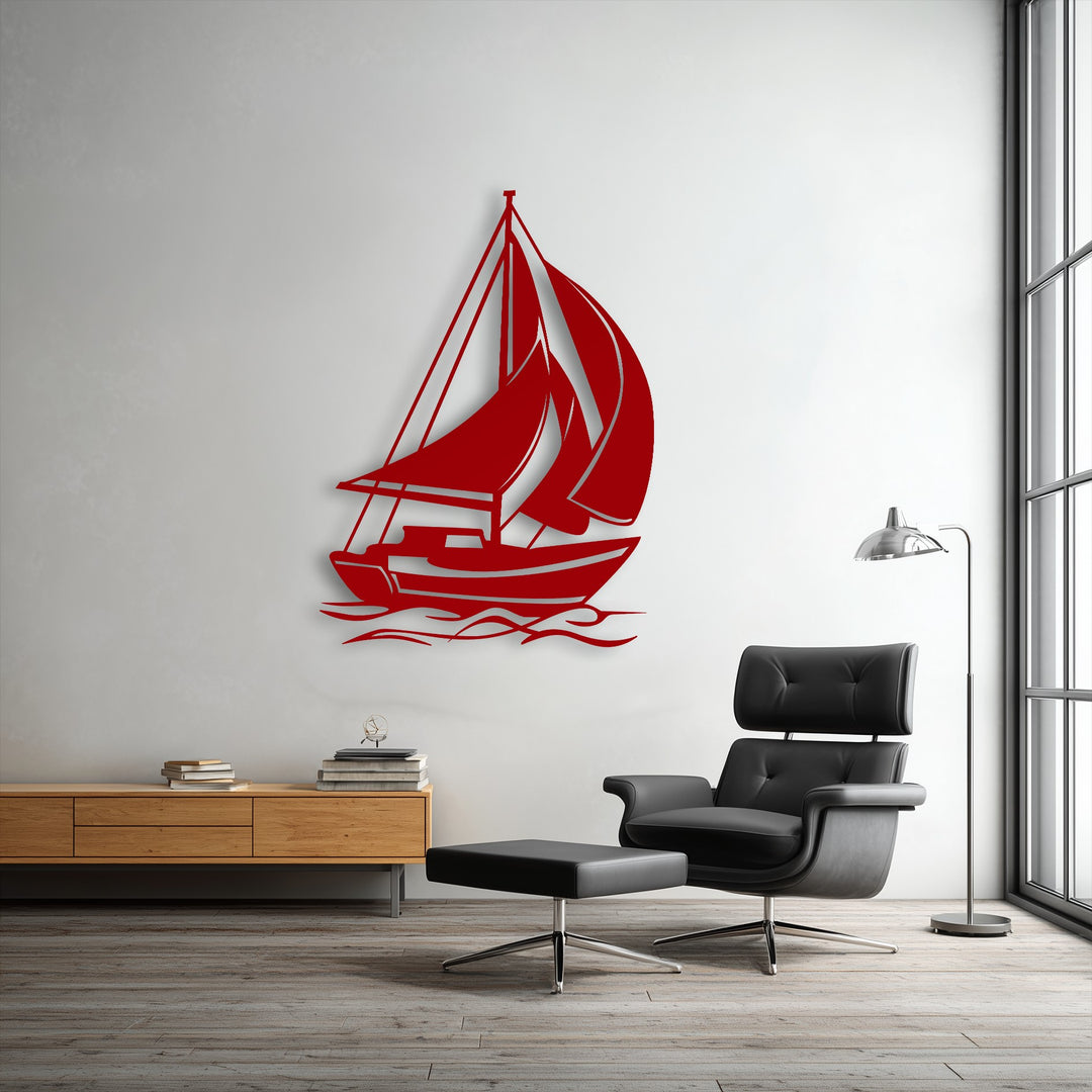 The premium material quality of this vibrant red sailing boat decorative metal art shows intricate nautical ocean decor.