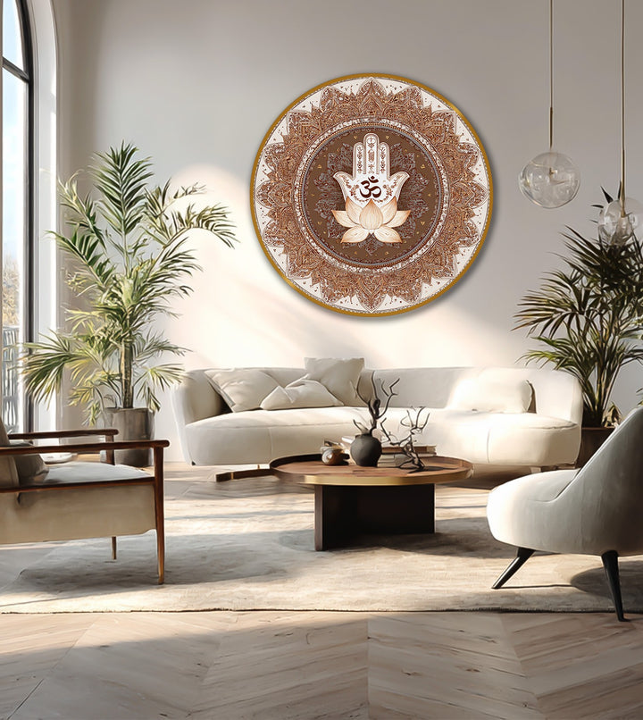 Exhibiting the high-quality of an oil painting art piece, this round wood artwork features a spiritual lotus, Hamsa hand, and Om symbol, exhibiting a smooth, elegant finish.
