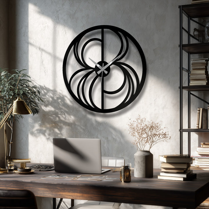 Abstract swirl metal artwork, featuring geometric cutouts and modern silver hands, presents a visually striking and decorative clock for a stylish home.