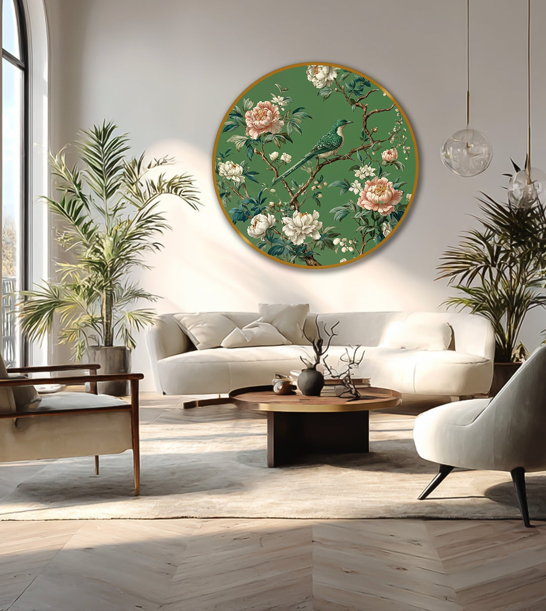 Horizontal, round emerald songbird among blossoms oil painting wall art showcases an elegant floral design against a deep green background.