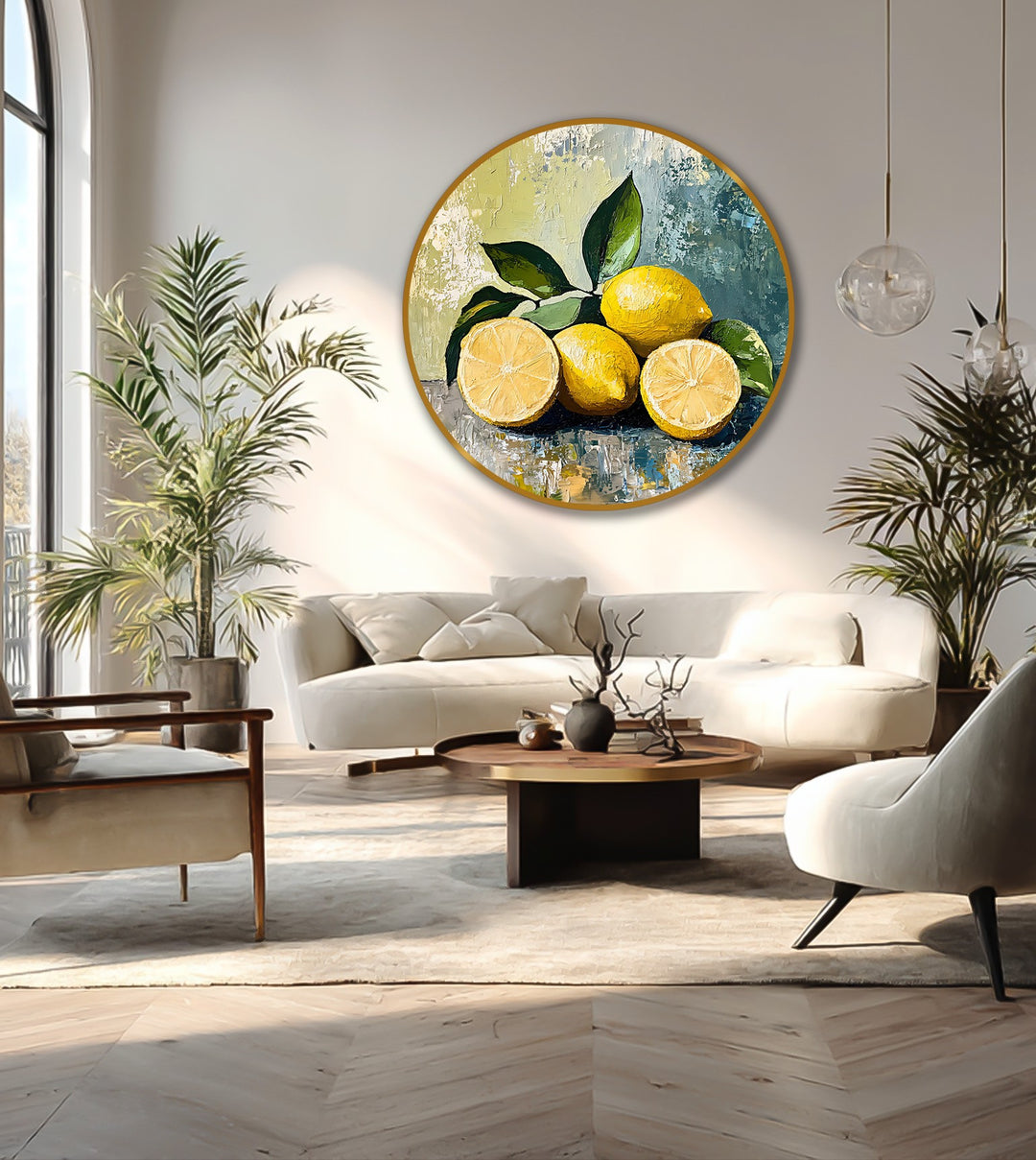 Warm, bright light enhances the golden hues of the lemons in this round modern oil painting art, creating a summery, inviting feel.